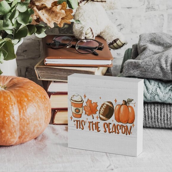 Rustic Tis' the Season" Pumpkin Wood Sign - Farmhouse Fall Decor, 5x5 Inch Block - Picture 5 of 6